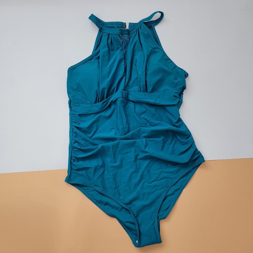 Women One Piece Swimsuit High Neck Plunge Mesh Ruched Monokini Swimwear Size XL